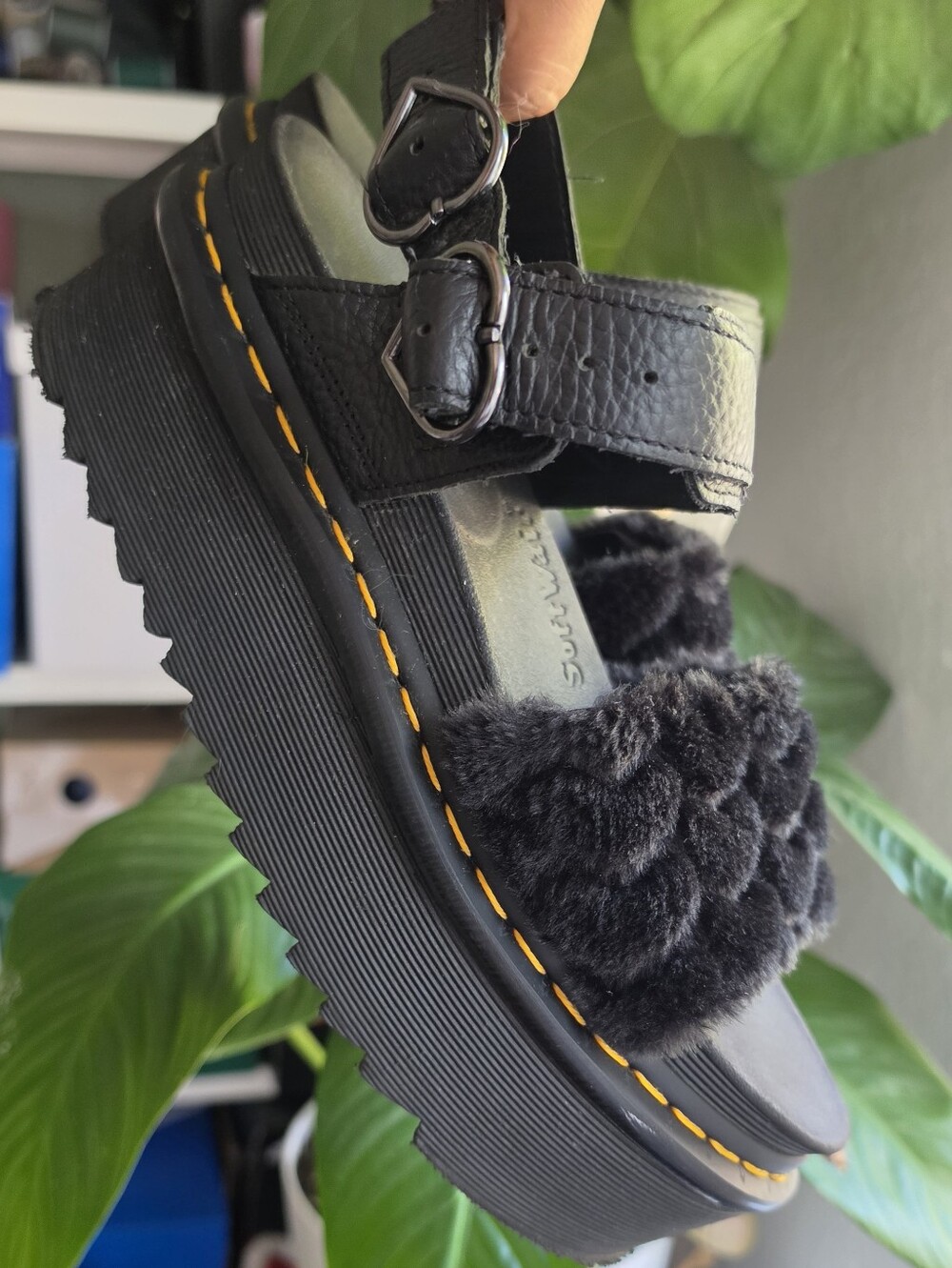 Dr. Martens Black Platform Fur Strap Sandals